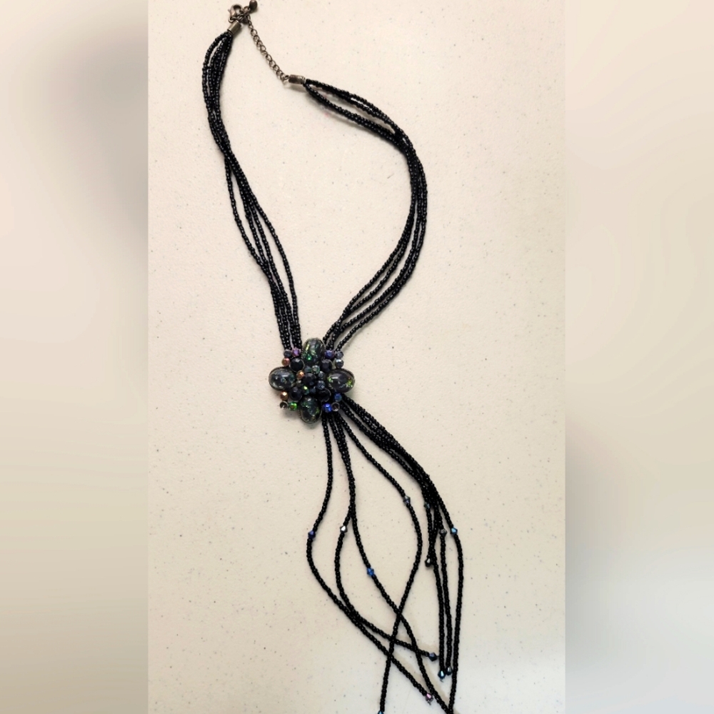 Black Bead Necklace with Beaded Brooch
